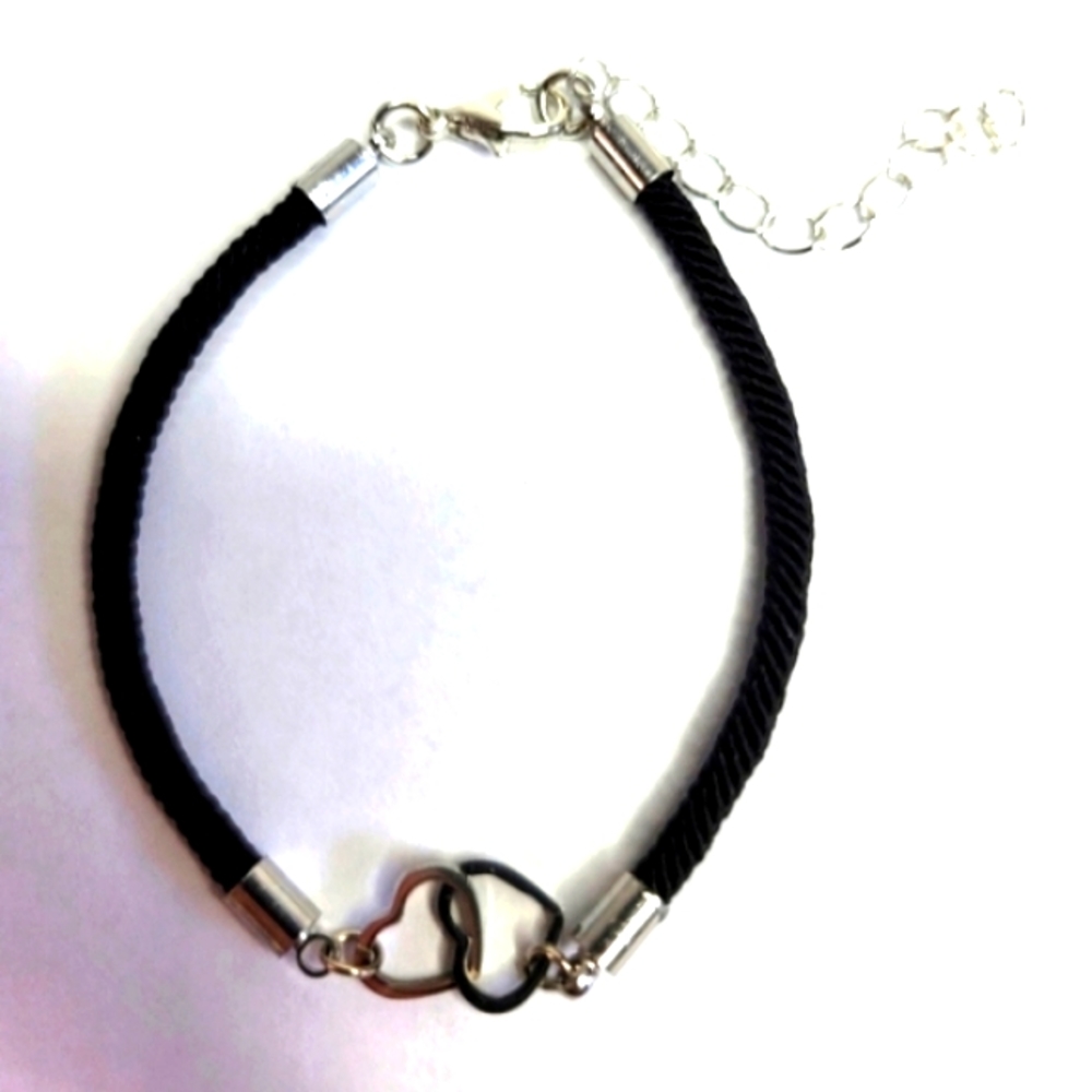 Linked Silver Hearts Bracelet With Braided Black Cord and Silver Extender NWOT